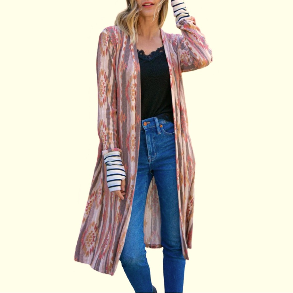 7th Ray Aztec Printed Stripe Sleeve Open Cardigan - Picture 10 of 10